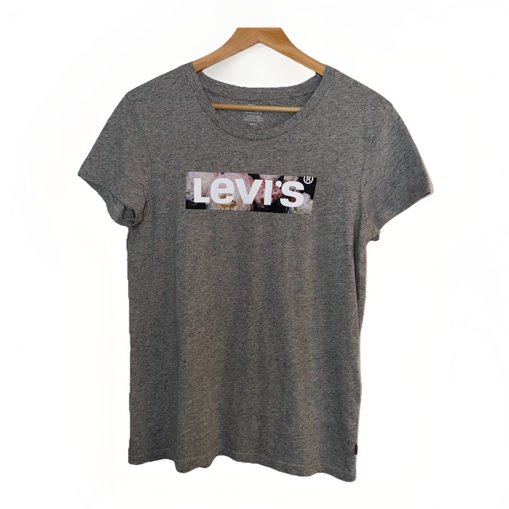 Levis Womens Small Heather Gray Palm Tree Logo Tee Shirt NWT AA14